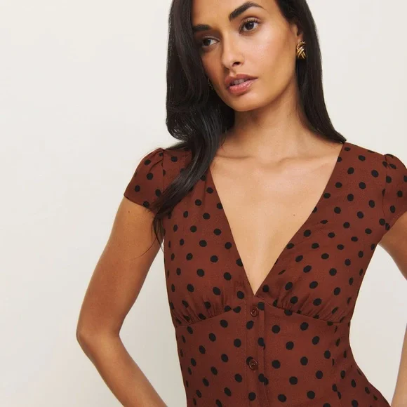 Reformation Brown Polka Dot Midi Dress with Black Spots - Picture 2 of 5